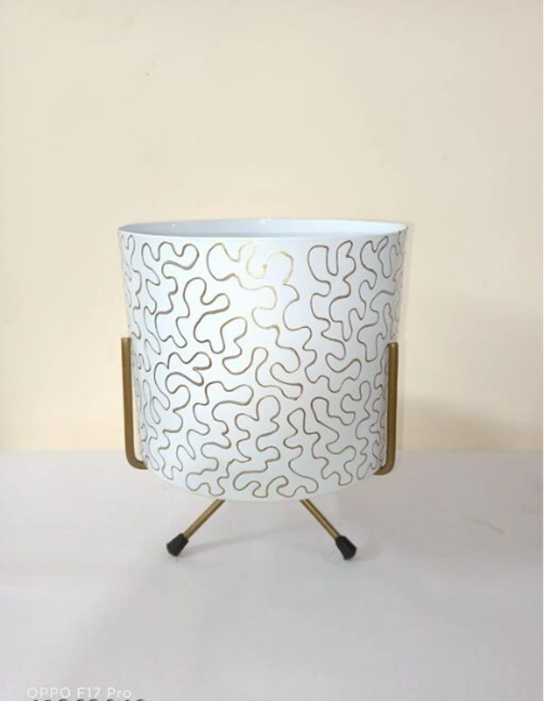 GREYFOX 10 inch Metal Planter Pot or Home & Garden ( WHITE GOLDEN STRIP) Decor With just Wipe of a Clean Dry or Wet Cloth, It Gets Cleaned, Shiny and Even Neweration - Free Size, White Golden, Metal, Strip, Pack of1